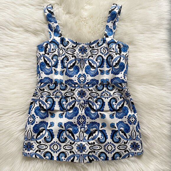 NEW Tuckernuck Blue White Majolica Tile Marnie Cotton Blend Sleeveless Top - Picture 2 of 8